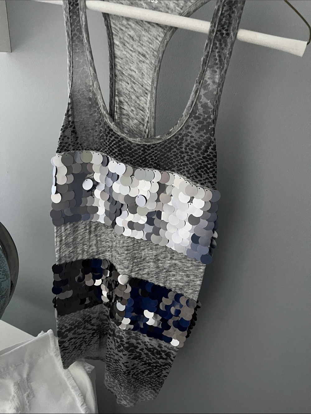 Express Grey Tank Top with Silver and Navy Sequins